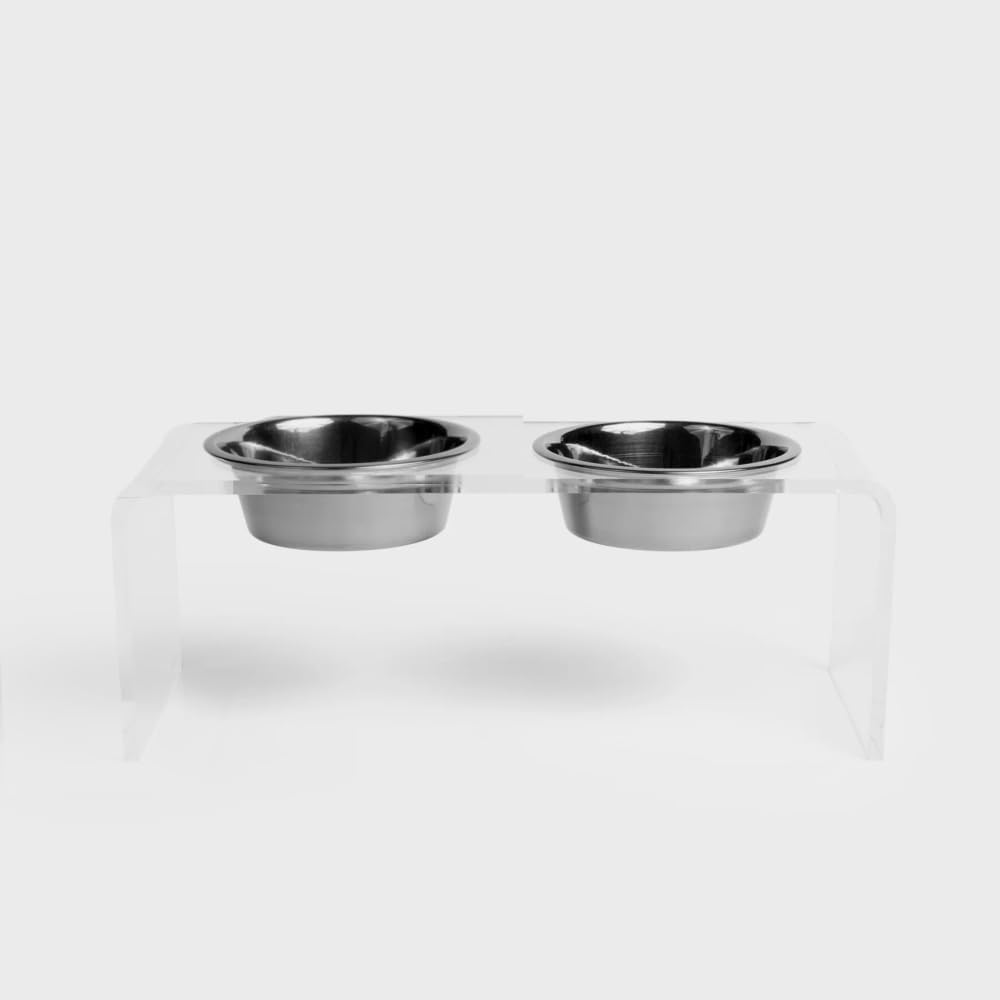 Hiddin Double Elevated Dog Bowl Stand for Medium or Large Dogs, All Breeds, Clear Acrylic 7 Inch Raised Dog Bowl Stand with Two Stainless Steel Bowls for Food and Water - 3.5 Cups Each Dish