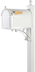 Whitehall Deluxe White Mailbox, Post, and Brackets | Heavy-Duty Aluminum Post Mount Mailbox Kit with Gold Flag | Classic White Mailbox with Scroll Brackets & Magnetic Door | Weather-Resistant