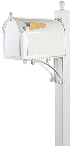 Whitehall Deluxe White Mailbox, Post, and Brackets | Heavy-Duty Aluminum Post Mount Mailbox Kit with Gold Flag | Classic White Mailbox with Scroll Brackets & Magnetic Door | Weather-Resistant