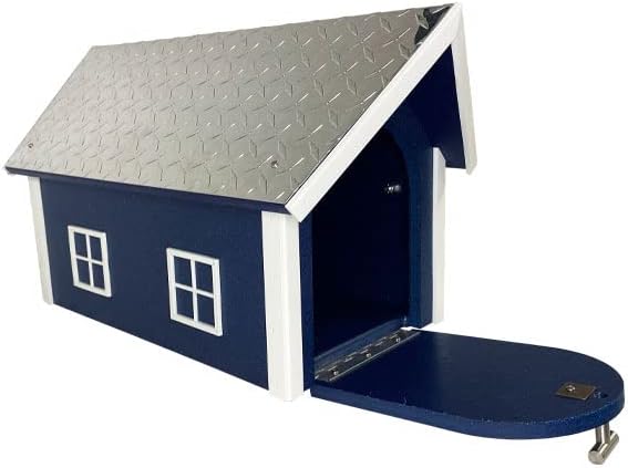 Amish Recycled Plastic Deluxe Mailbox, Patriotic Blue & White | Large Barn-Style Post Mount Mailbox with Diamond Plate Metal Roof, Red Flag & Magnetic Door | Weather-Resistant, Made in USA
