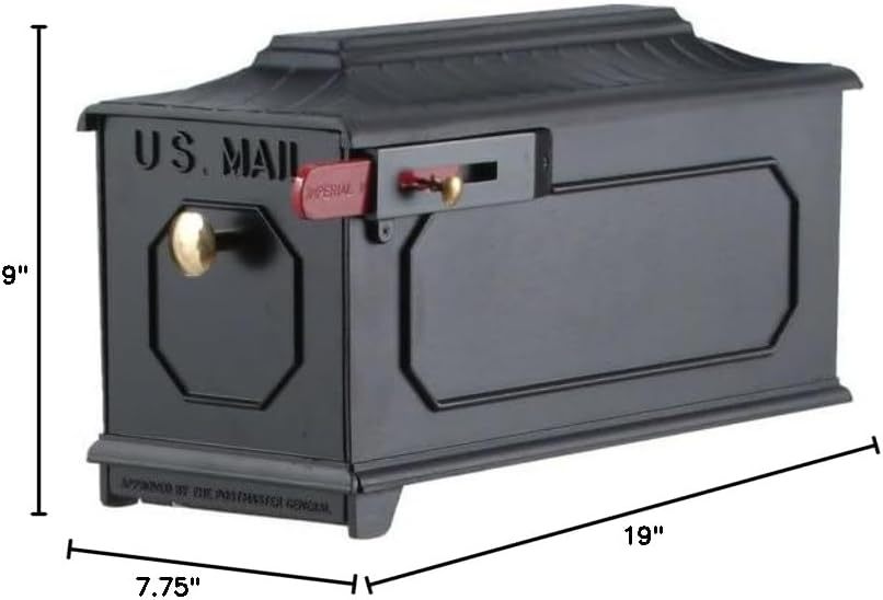 GSi Luxury Large Mailbox - Black Style 8k | Post Mount Mailbox for Outside | Parcel Mailbox for House | Includes Brass Knob, Red Flag and Hardware - Rural and Decorative 19' x 9' x 7.75' Aluminum