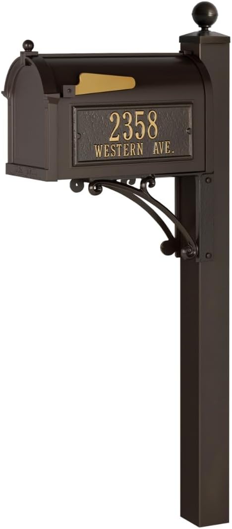 Deluxe Streetside Mailbox & Post in Bronze Personalized Side Plaques Oversized Mailbox for Home Exterior Durable Powder-Coated Cast Aluminum