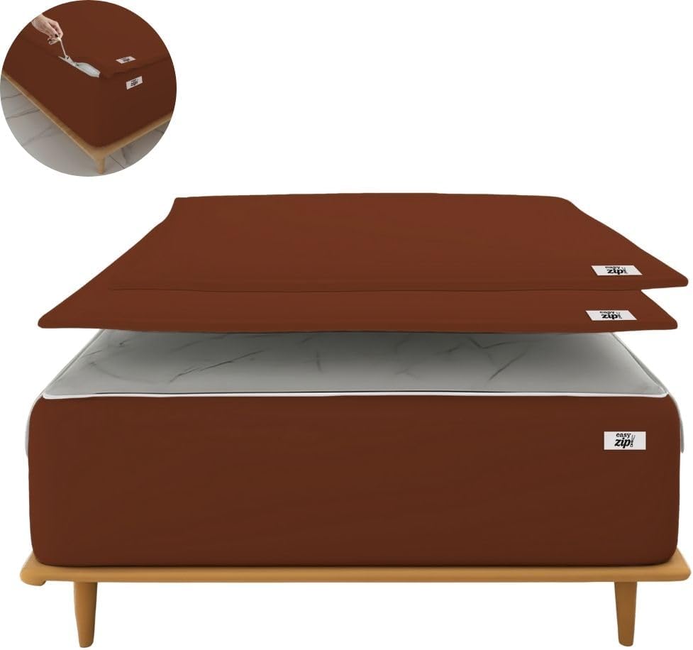 COTTON STICH 600 TC Zipper Fitted Sheet, 100% Egyptian Cotton, 18' Deep Pocket, Easy Zip Change, All-Around Secure Fit - Queen Size Bed - Chocolate