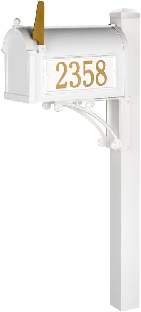 Whitehall White Superior Mailbox Package with Personalized Side Plaques & Post Fashion and Function with a Classic Design Including Street Name for Enhancing Curb Appeal of Your Home