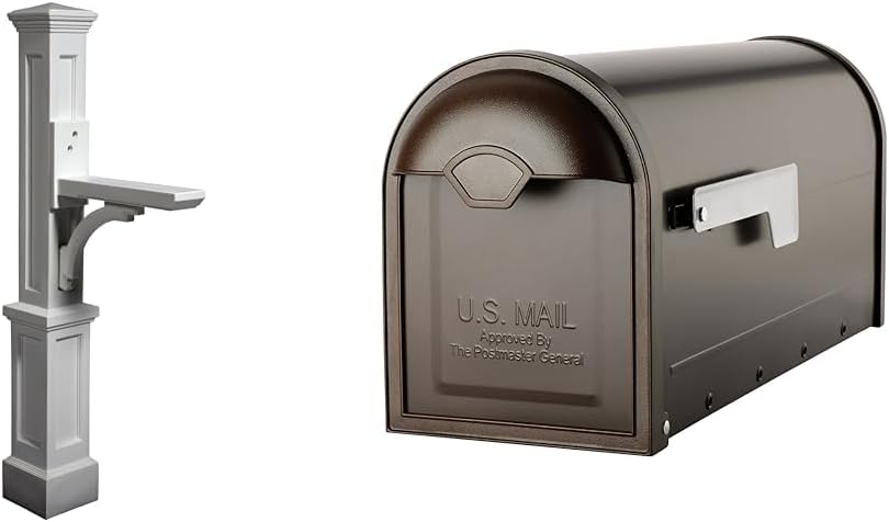 Mayne 5813-W Newport Plus Mail Post, 25x8, White & Architectural Mailboxes 8830RZ-10 Winston Post Mount Mailbox, Rubbed Bronze