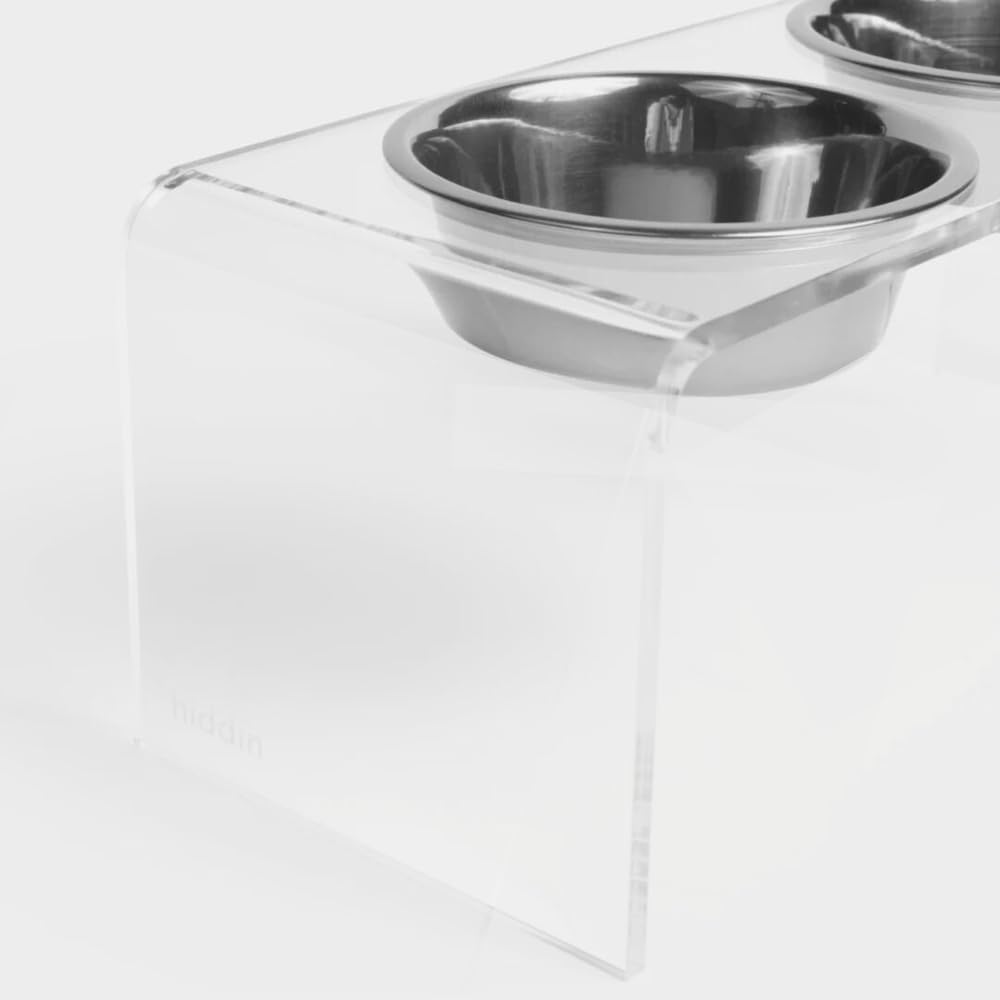 Hiddin Double Elevated Dog Bowl Stand for Medium or Large Dogs, All Breeds, Clear Acrylic 7 Inch Raised Dog Bowl Stand with Two Stainless Steel Bowls for Food and Water - 3.5 Cups Each Dish