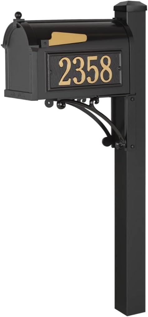 Superior Mailbox Package by Whitehall Black Large Cast Aluminum Mailbox with Decorative Post & Custom Address Side Plaques Weather Resistant Streetside Outdoor Mail Unit