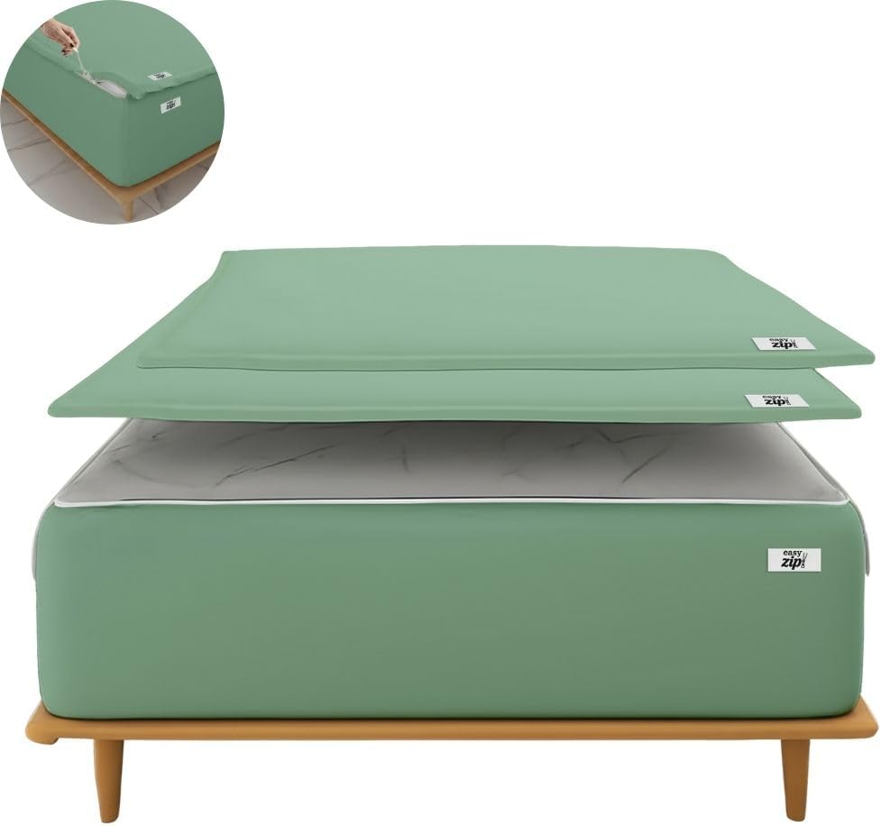 COTTON STICH 600 TC Zipper Fitted Sheet, 100% Egyptian Cotton, 18' Deep Pocket, Easy Zip Change, All-Around Secure Fit - Queen Size Bed - Emerald Green