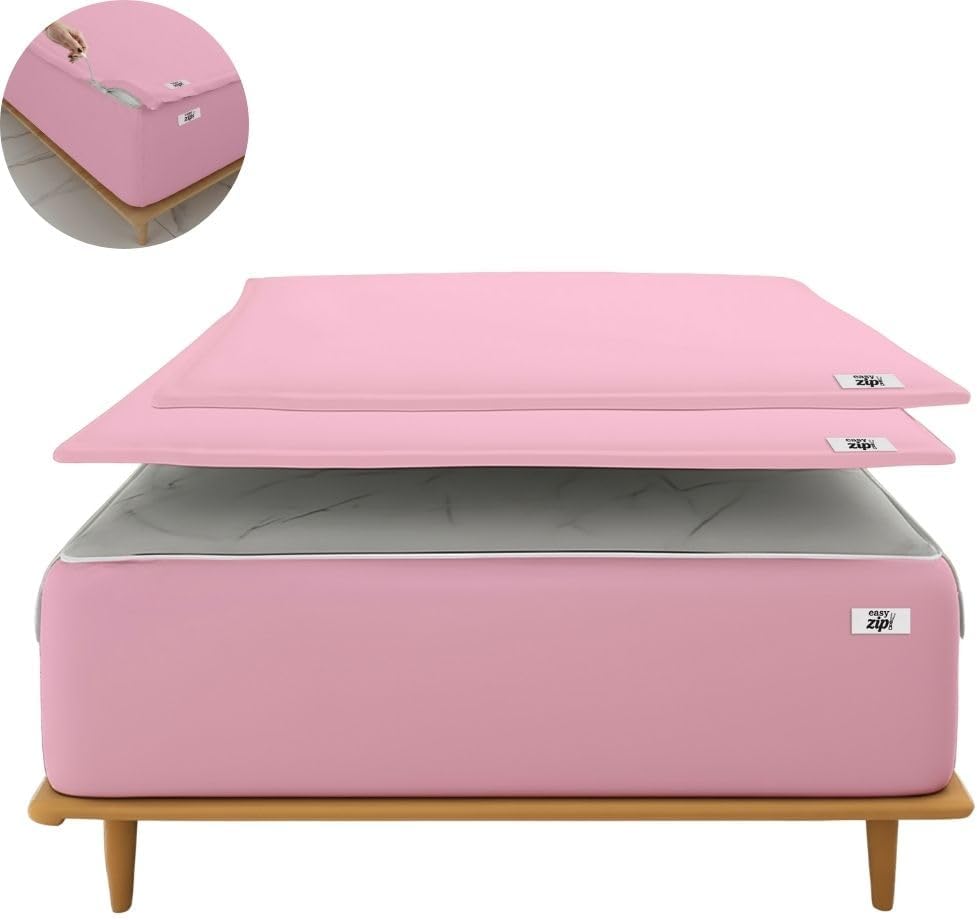 COTTON STICH 600 TC Zipper Fitted Sheet, 100% Egyptian Cotton, 18' Deep Pocket, Easy Zip Change, All-Around Secure Fit - Queen Size Bed - Baby Pink