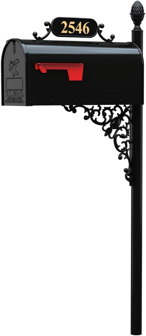 Oak Large Mailbox & Post Kit – Black System Includes Address Plaque, Numbers & Mounting Hardware – Rust Resistant Metal Box with Decorative Finial