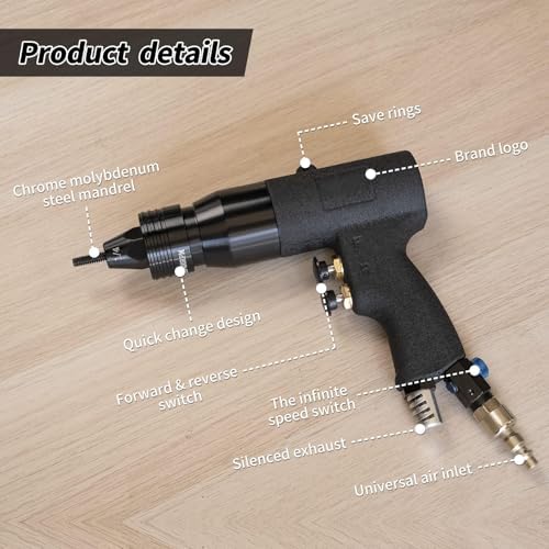 Heavy Duty Air Hydraulic Rivet Nut Tool with Quick-Change Nose-Piece Assembly for Metal, Plastic and Leather, Ideal for Fast and Efficient Riveting