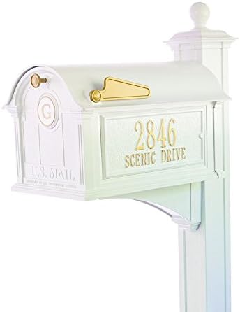 Comfort House Mailbox with Post, House Number Plaque, and Monogram - Black, Bronze, or White # P2209
