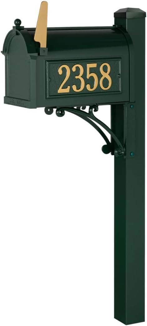 Whitehall Superior Mailbox Package Large Cast Aluminum Streetside Mailbox with Decorative Superior Post & Personalized Address Side Plaques Powder Coated Classic Green Mailpost