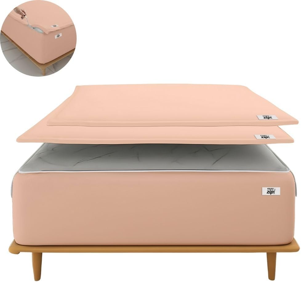 COTTON STICH 600 TC Zipper Fitted Sheet, 100% Egyptian Cotton, 18' Deep Pocket, Easy Zip Change, All-Around Secure Fit - Queen Size Bed - Blush