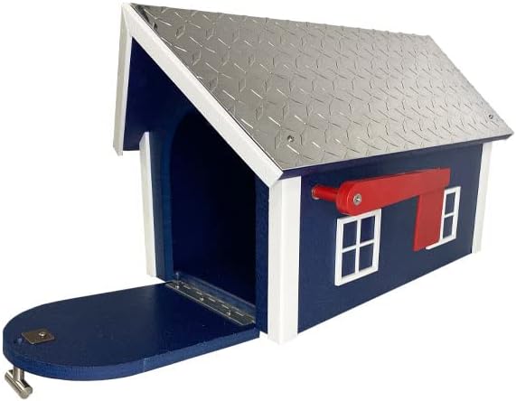 Amish Recycled Plastic Deluxe Mailbox, Patriotic Blue & White | Large Barn-Style Post Mount Mailbox with Diamond Plate Metal Roof, Red Flag & Magnetic Door | Weather-Resistant, Made in USA