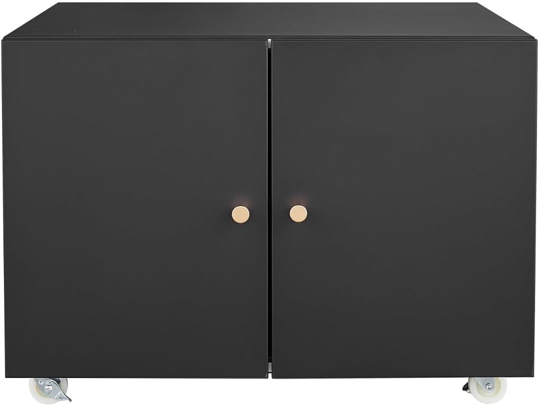 Steel Mobile File Cabinet with Adjustable Shelf and Two Lockable Swivel Casters, Filing Cabinet with Magnetic Door Stopper, 2-Doors and Golden Metal Knobs, for Home Office, Black