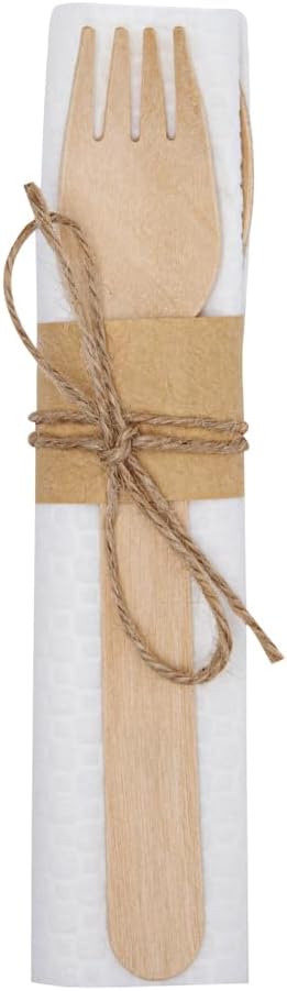 Restaurantware Wood Cutlery Set with Napkin - Tied with Twine - Great For Parties or Catering - Utensil Set - Wooden Fork Knife Spoon and Napkin - 100 ct Box