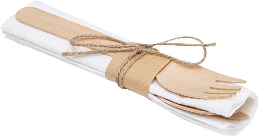 Restaurantware Wood Cutlery Set with Napkin - Tied with Twine - Great For Parties or Catering - Utensil Set - Wooden Fork Knife Spoon and Napkin - 100 ct Box