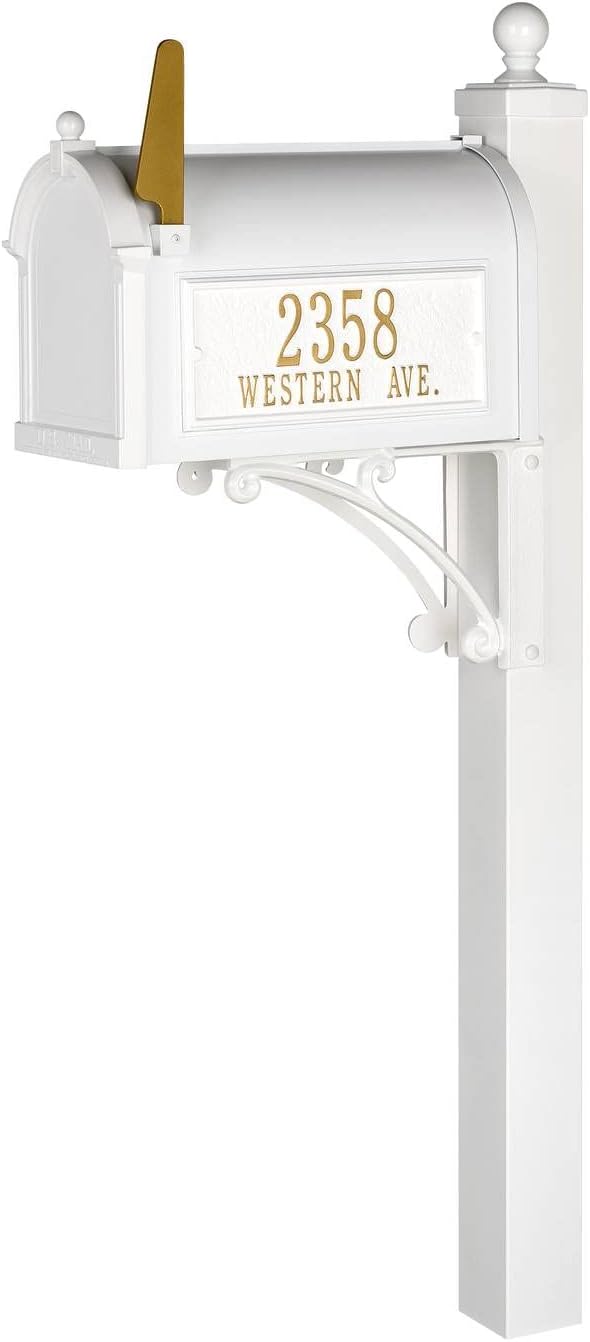 Whitehall Custom Extra Large Mailbox - Capitol Model with Address Plaque and Side Mount Post Package, Sand Cast Aluminum, White Personalized in Goldtone
