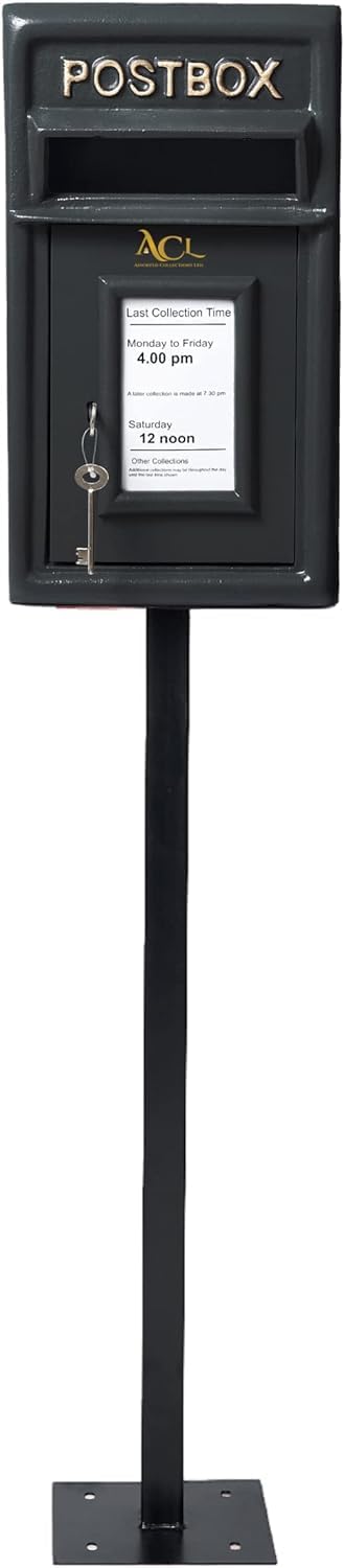 Post Box Classic Black Large Letter Box Lockable with 2 Keys, Pole Mounted Heavy Duty Cast Iron Mail Box for Home Weatherproof Mailbox Easy to Install, 44 x 24 x 25 cms, 12.8 kg