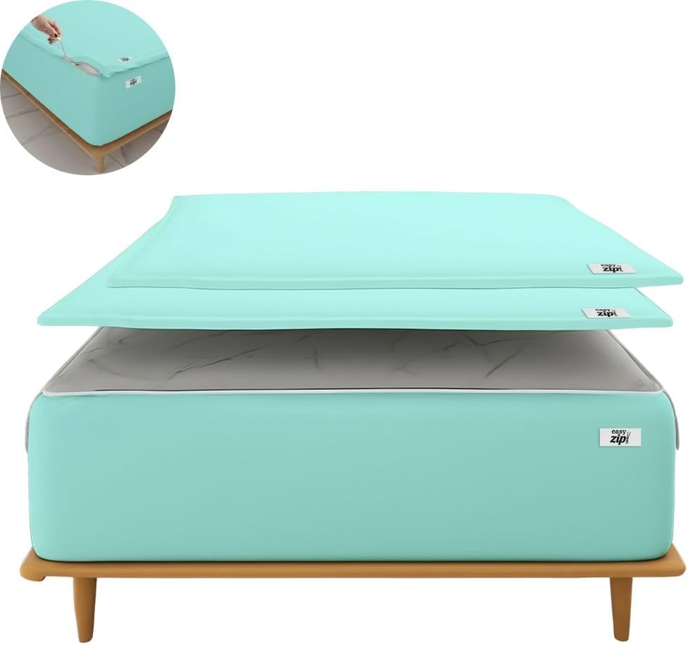 COTTON STICH 600 TC Zipper Fitted Sheet, 100% Egyptian Cotton, 18' Deep Pocket, Easy Zip Change, All-Around Secure Fit - Queen Size Bed - Aqua Blue