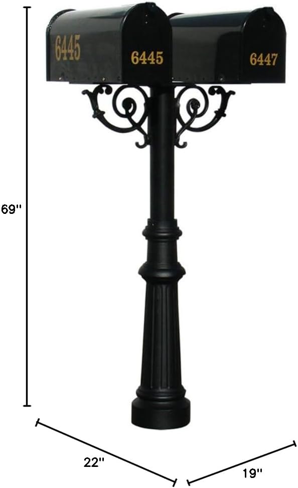 The Hanford Cast Aluminum Twin Mailbox Post System with Fluted Base, 2 E1 Mailboxes, Mounting Brackets and Scroll Supports, Ships in 2 boxes