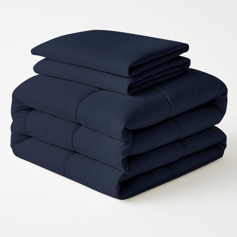 Egyptian Cotton Oversized Queen Size Comforter Sets - Navy Blue Color, Soft Lightweight Bed Set, All Season Gray Bedding Sets - 1 Comforter & 2 Pillow case