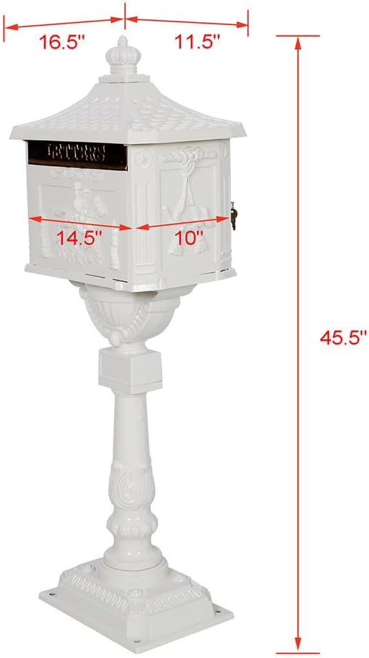 Mailbox for Outside, Aluminum Mailbox with Post, Heavy Duty Water-Resistant Mailbox with Key, Baffle Door, Expansion Bolts, Locking Residential Mailboxes for Residential House,White