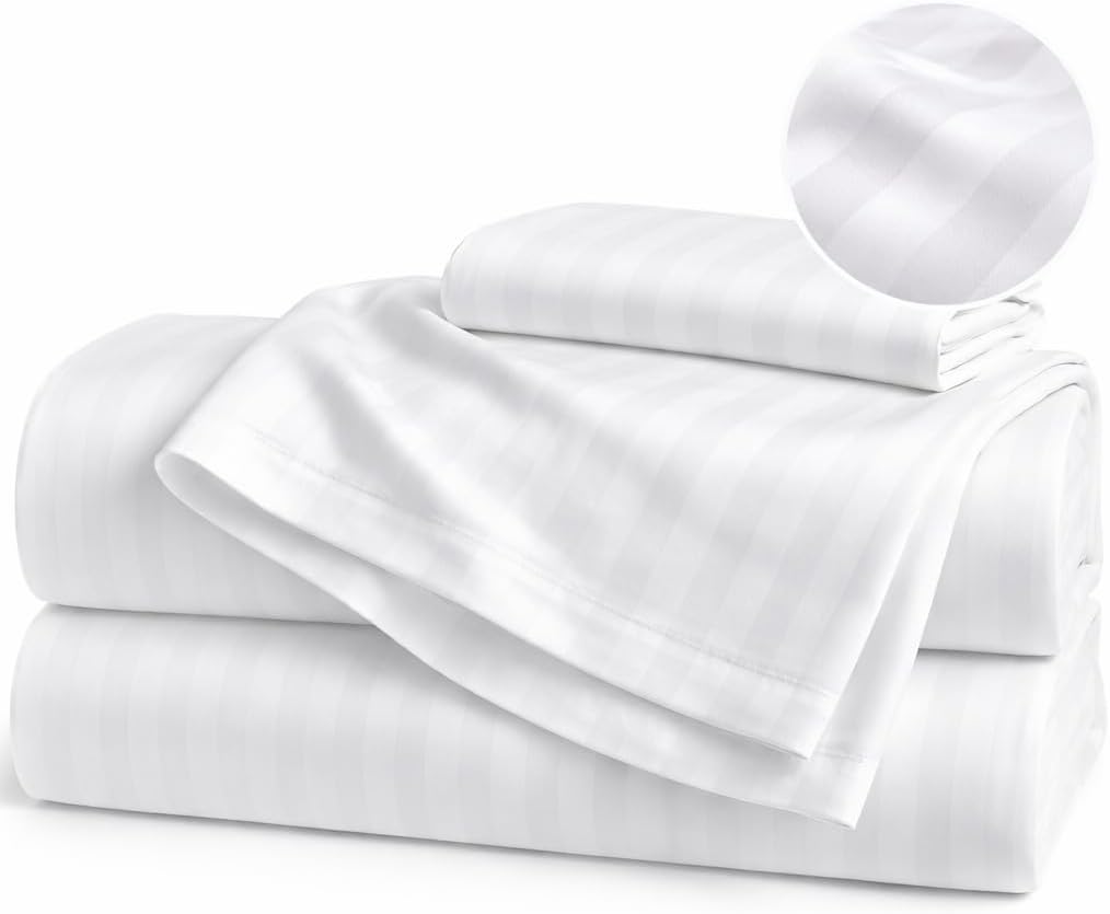 100% Egyptian Cotton Sheets Queen Size – 1000 Thread Count Luxury Hotel Sateen Weave Sheet Set, Soft & Breathable, 17' Deep Pocket, 4-Piece White Striped Bedding, All-Season Comfort