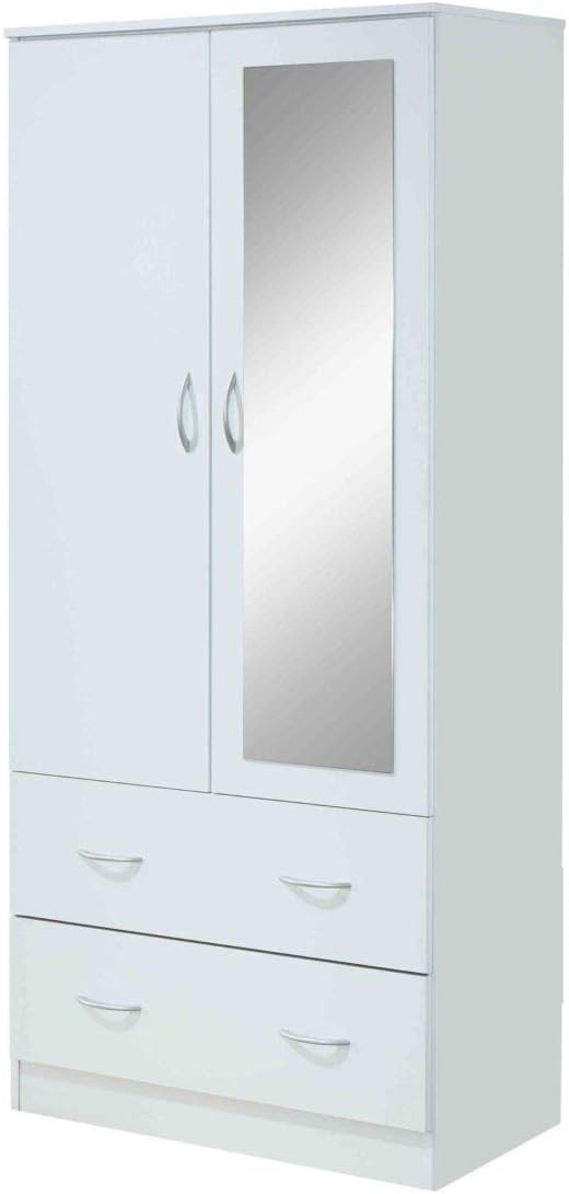 HODEDAH 2 Door Wood Wardrobe Bedroom Closet with Clothing Rod inside Cabinet, 2 Drawers for Storage and Mirror, White