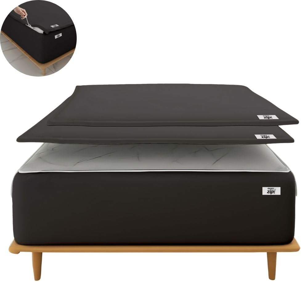 COTTON STICH 600 TC Zipper Fitted Sheet, 100% Egyptian Cotton, 18' Deep Pocket, Easy Zip Change, All-Around Secure Fit - Queen Size Bed - Black