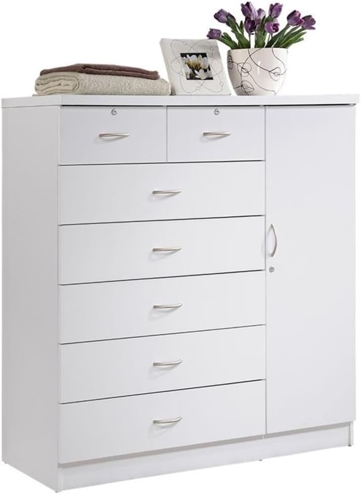 BOWERY HILL 7 Drawer Chest, White Wood, 48.6 in H x 47.2 in W x 17.6 in D, 2 Locking Drawers and Door with Shelves, Hanging Rod, Adjustable Shelves, Bedroom Storage Furniture