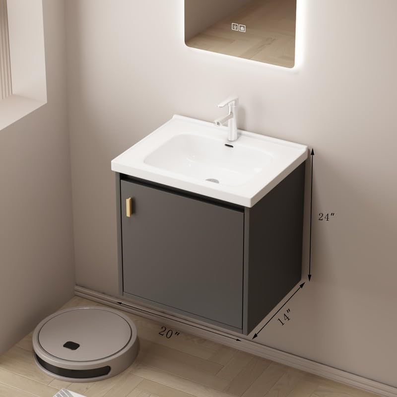 20' Small Bathroom Vanity Wall Mounted,Small Bathroom Vanity with Ceramic Sink, Modern Bathroom Vanity with Soft-Close Drawers, Chrome Faucet, Pop up Drain, P-Trap (Grey)