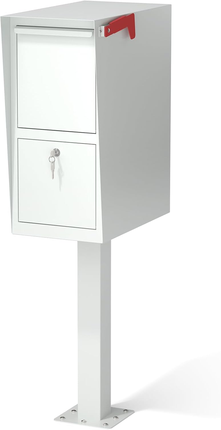 POCHAR Large Locking Mailbox for Outside - Secure Curbside Mailbox Post Mount with Base Plate - Weekend-Away Design Outdoor Commercial Mail Box for Business, Package Drop Box, White