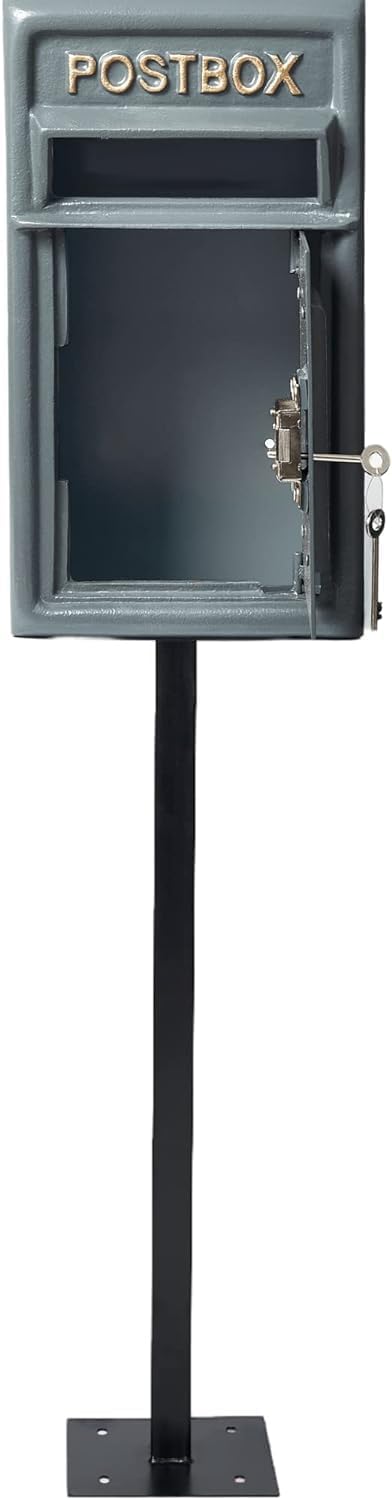 Post Box Classic Grey Large Letter Box Lockable with 2 Keys, Pole Mounted Heavy Duty Cast Iron Mail Box for Home Weatherproof Mailbox Easy to Install, 44 x 24 x 25 cms, 12.8 kg