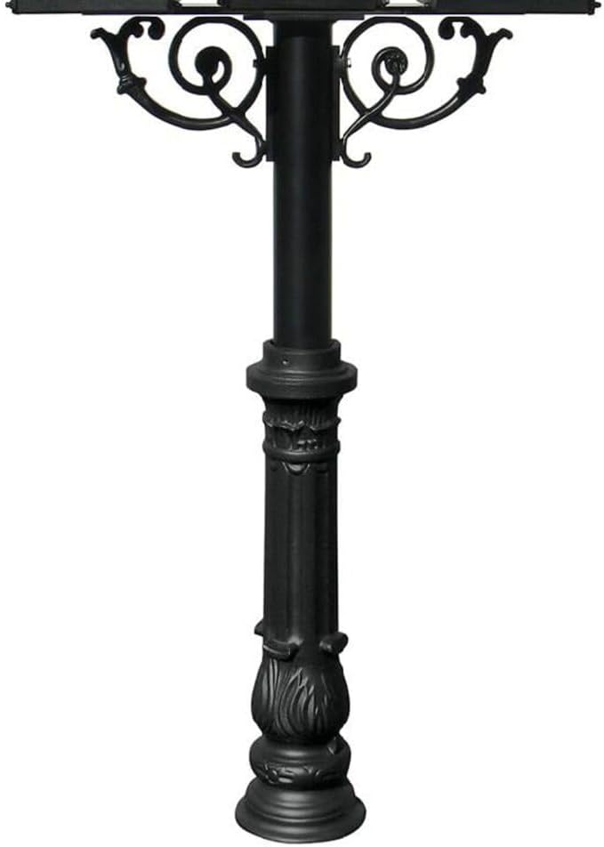The Hanford Cast Aluminum Triple Mailbox Post System with Ornate Base, Mounting Brackets and Scroll Supports, Mailboxes Sold Separately, Ships in 2 boxes