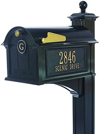 Comfort House Mailbox with Post, House Number Plaque, and Monogram - Black, Bronze, or White # P2209