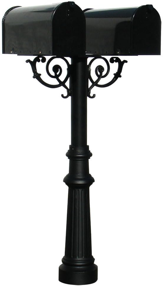 The Hanford Cast Aluminum Twin Mailbox Post System with Fluted Base, 2 E1 Mailboxes, Mounting Brackets and Scroll Supports, Ships in 2 boxes