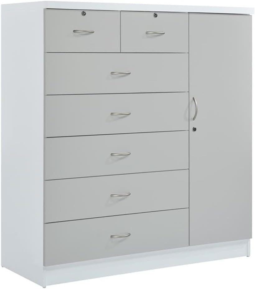 BOWERY HILL 7-Drawer Chest with Locks, Adjustable Shelves & Hanging Rod, Gray Wood, 48.6 in. H x 47.2 in. W x 17.6 in. D, Metal Roller Glides, Safety Stops, Side Door Storage, Bedroom Furniture