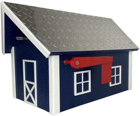 Amish Recycled Plastic Deluxe Mailbox, Patriotic Blue & White | Large Barn-Style Post Mount Mailbox with Diamond Plate Metal Roof, Red Flag & Magnetic Door | Weather-Resistant, Made in USA