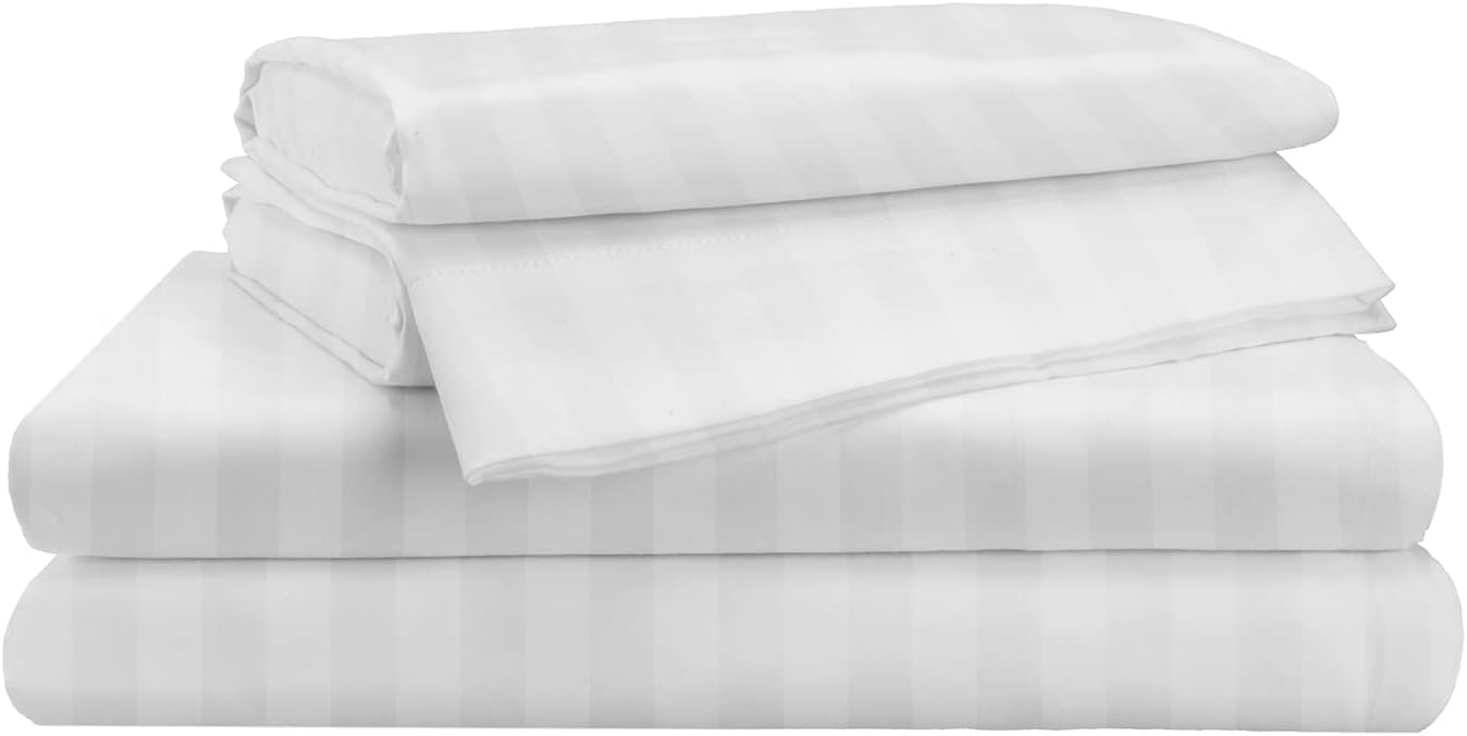 Damask Stripe Full XL Size Low Profile 6 Piece Sheet Set (7-10 Inches) - 1000 Thread Count 100% Egyptian Cotton Sateen 6 PC Luxury Bed Sheets Perfect for Low Profile Mattress - White
