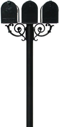 The Hanford Cast Aluminum Triple Mailbox Post System with 3 Economy Mailboxes, Mounting Brackets and Scroll Supports, Ships in 2 boxes