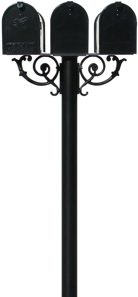 The Hanford Cast Aluminum Triple Mailbox Post System with 3 Economy Mailboxes, Mounting Brackets and Scroll Supports, Ships in 2 boxes