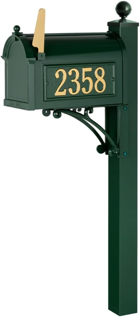 Heavy-Duty Deluxe Mailbox Package in Green Oversized Streetside Mailbox with Number and Street Name Personalized Address Plaques & Decorative Post with Ball Finial