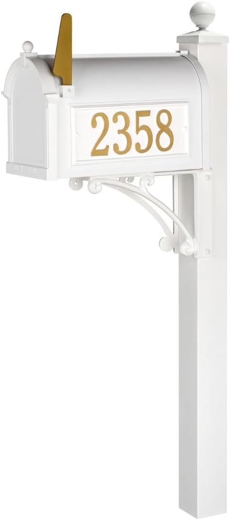 Custom Address Mailbox with Post in White Whitehall Deluxe Streetside Mailbox Personalized Plaques Weather-Resistant Cast Aluminum Design