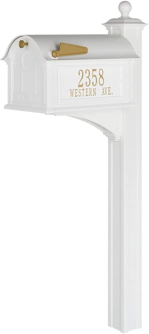 Whitehall Custom Extra Large Mailbox - Balmoral Model with Address Plaques and Side Mount Post Package, Sand Cast Aluminum, White Personalized in Goldtone