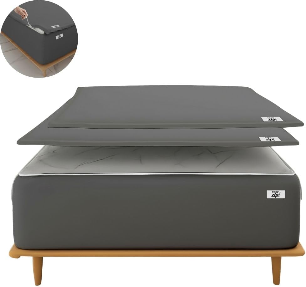 COTTON STICH 600 TC Zipper Fitted Sheet, 100% Egyptian Cotton, 18' Deep Pocket, Easy Zip Change, All-Around Secure Fit - Queen Size Bed - Dark Grey