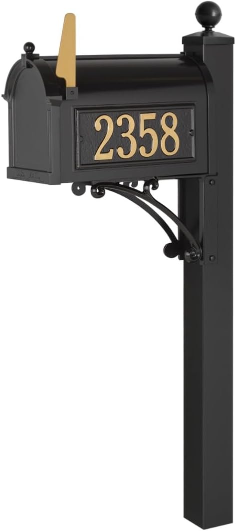 Whitehall Deluxe Mailbox with Post in Black Personalized Side Plaques Large Cast Aluminum Streetside Mailbox Decorative Scroll Post & Ball Finial