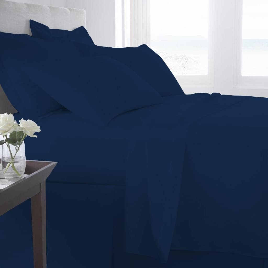 GOKOCO 100% Egyptian Cotton 800 Thread Count 400GSM 7Pcs Comforter Set and Sheet Set 18' Deep Pocket (Comforter, Flat Sheet, Fitted Sheet, Pillowcases, Pillow Sham) - Super King Size - Navy Blue
