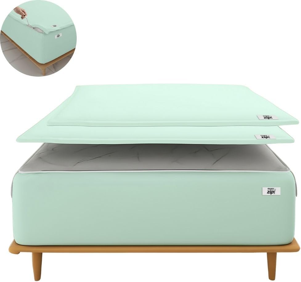 COTTON STICH 600 TC Zipper Fitted Sheet, 100% Egyptian Cotton, 18' Deep Pocket, Easy Zip Change, All-Around Secure Fit - Queen Size Bed - Apple Green